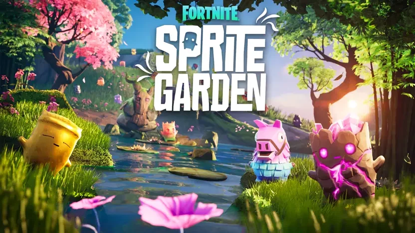 Fortnite Sprite Garden key art: sprites gathered around a pond in a sunlit garden