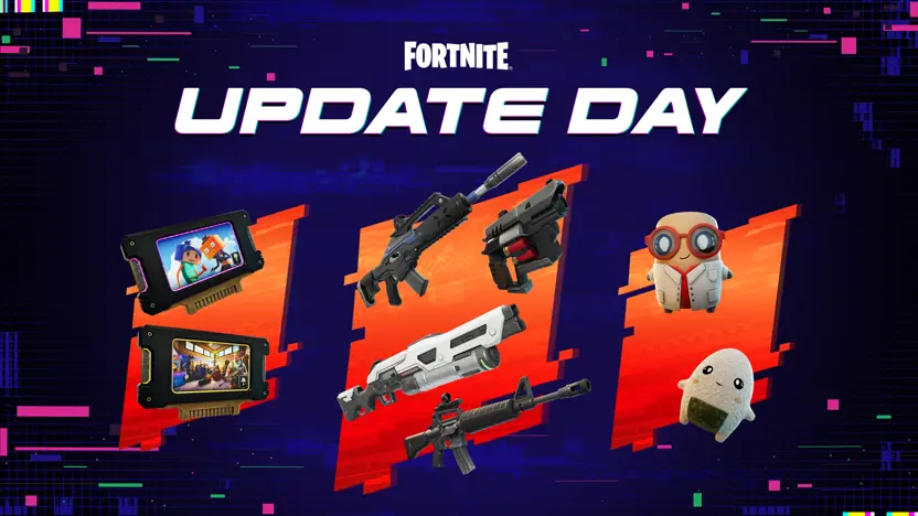 Fortnite v42.10 Update Day key art showing the new weapons and two Sprite plushies